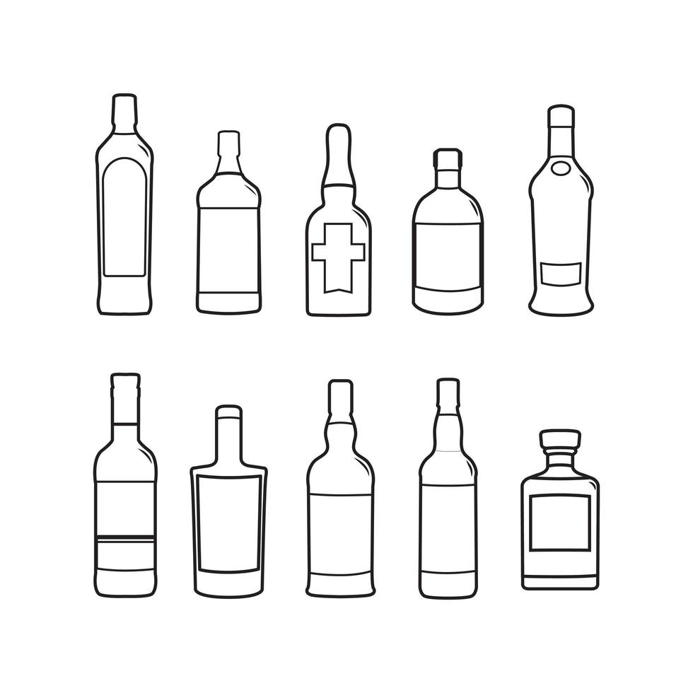 alkoholhaltiga drycker och drycker flaska vektor silhoutte kontur illustration pack