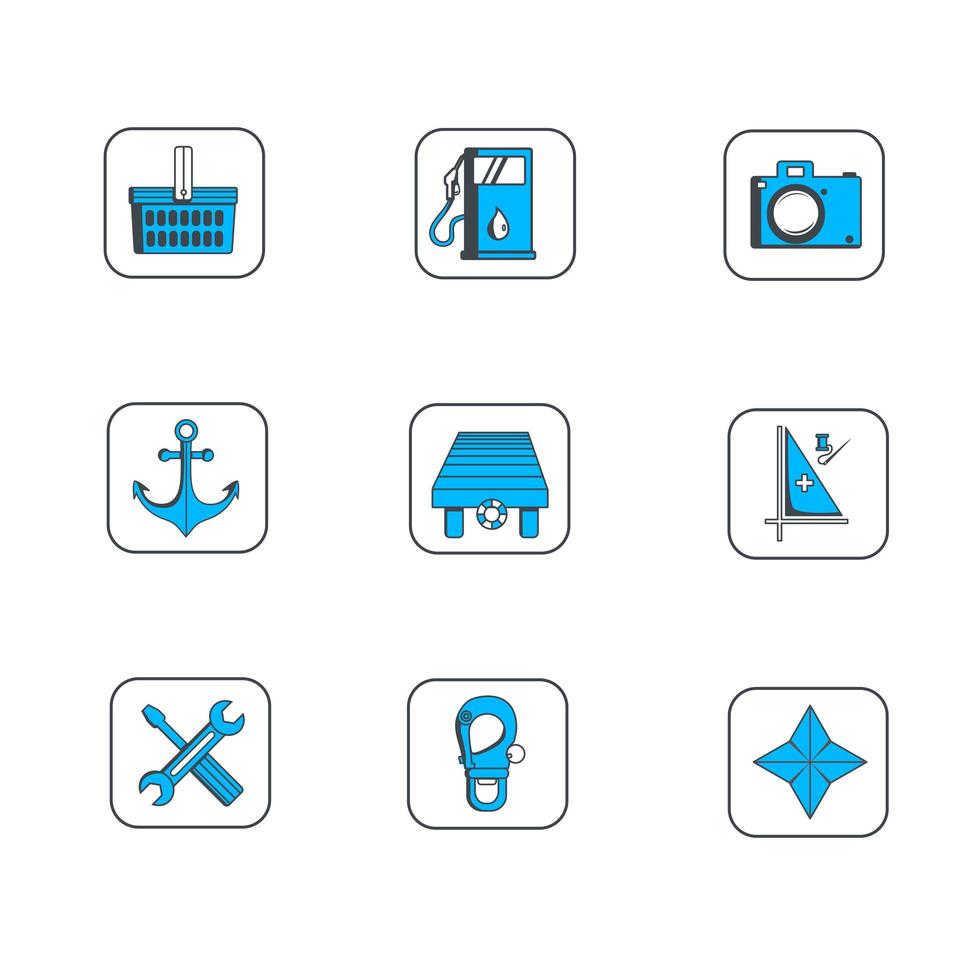 blå navigering segling och karta vektor ikoner set