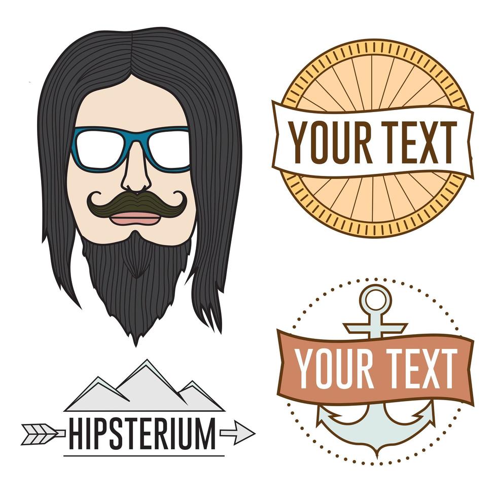 vektor hipster man med mustasch och märken logotyper set