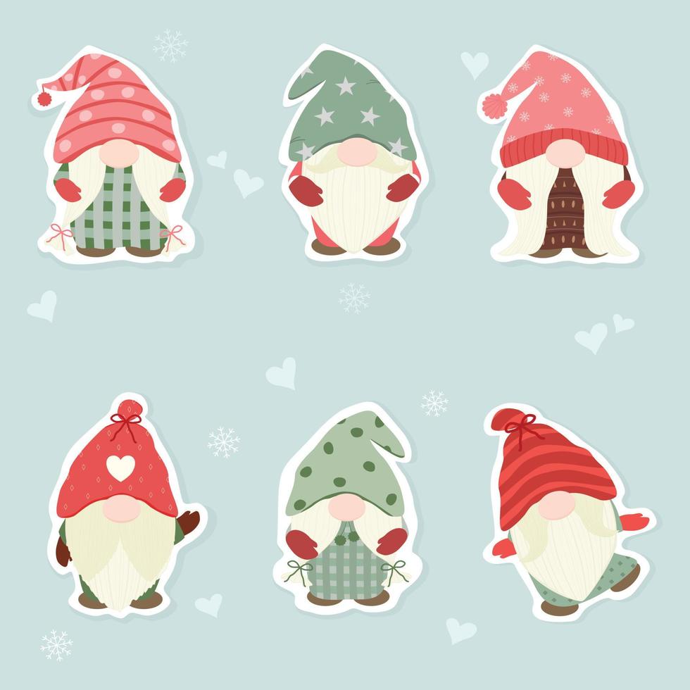 Vektor - Satz süßer Gnome auf Weihnachtskonzept mit Miniherzen und Schneeflocke. Ferienzeit. Clip Art. bündeln. kann verwendet werden, um jede Karte, jedes Web, jedes Poster, jedes Banner, jeden Druck, jeden Aufkleber zu dekorieren.