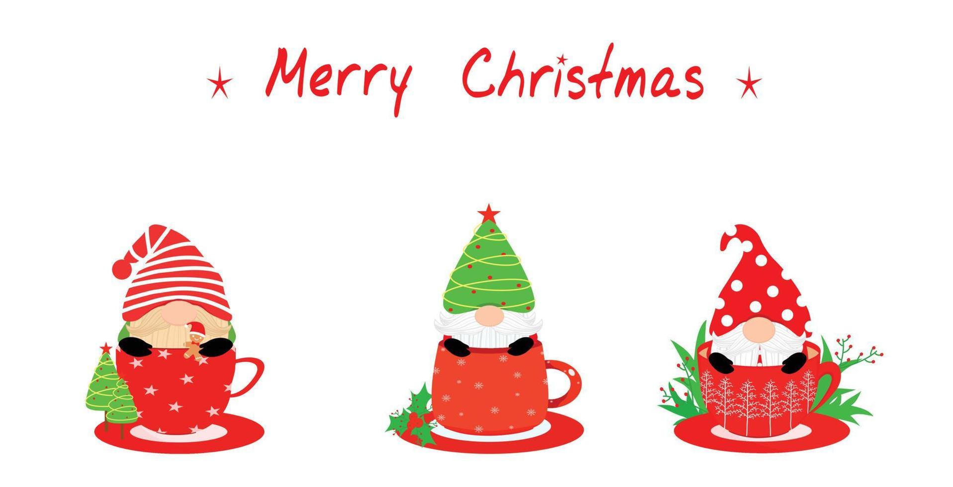 Vektor - Set niedlich von Gnome in Kaffee- oder Schokoladenschale mit Wort Frohe Weihnachten. kann für Druck, Papier oder Dekoration für jedes Web, Karte verwendet werden. Urlaub. Frohe Weihnachten und einen guten Rutsch ins neue Jahr.