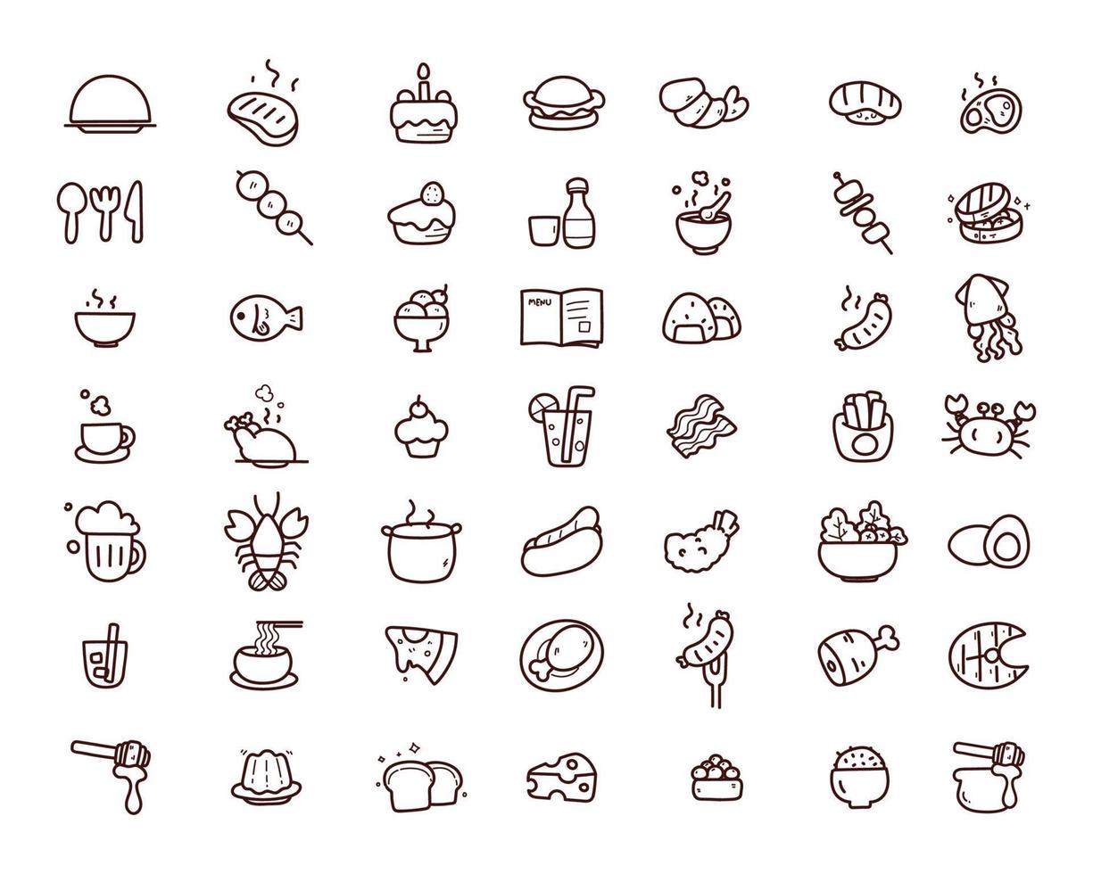 Essen Gekritzel Symbol Hand zeichnen Set Küche und Restaurant Cartoon-Kunst-Illustration vektor