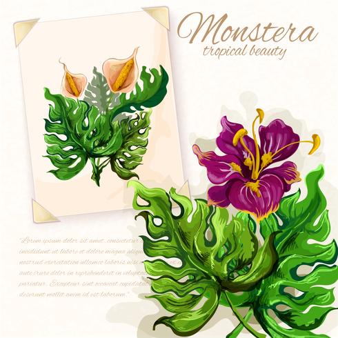 Monstera löv med hibiskusblommadesign vektor