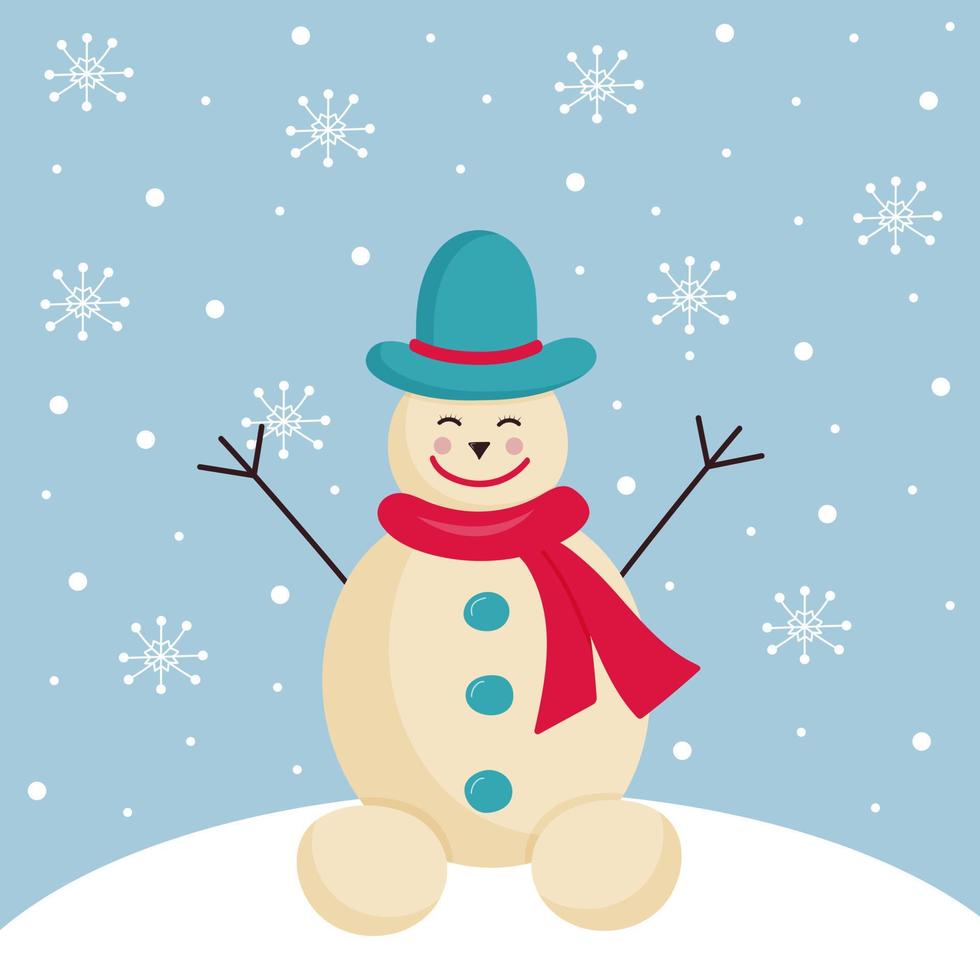 glücklicher Schneemann in Hut und Schal mit Schneeflocken und Schnee. vektor