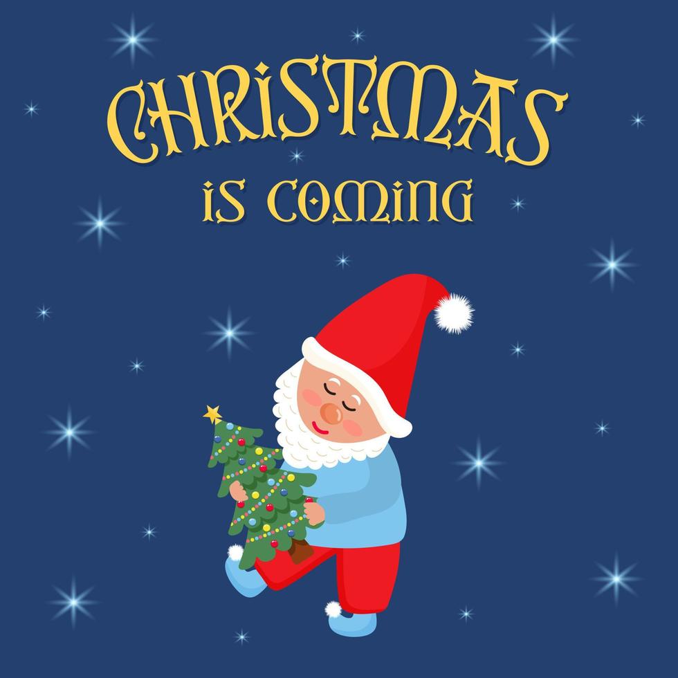 söt gnome håller julgran. julen kommer text. vektor