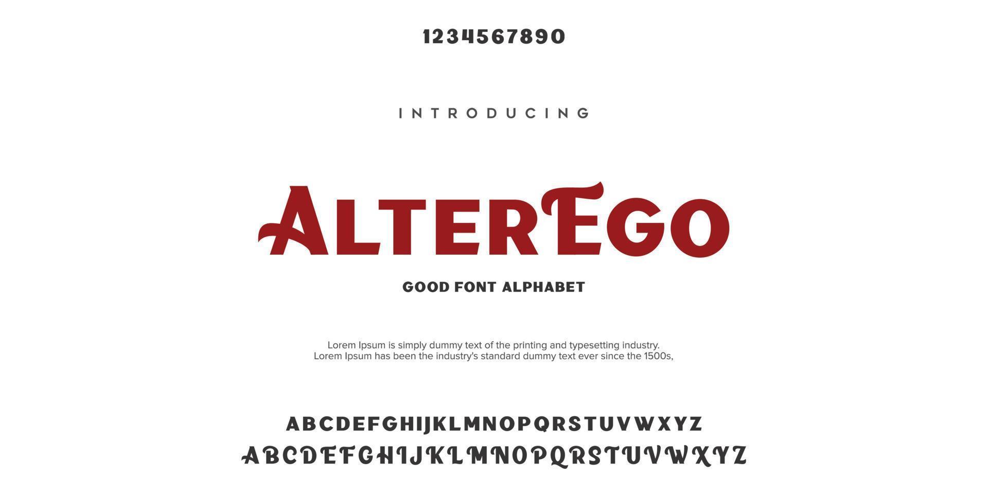 alter ego abstrakt mode teckensnitt alfabetet. minimal modern urban typsnitt för logotyp, varumärke etc. typografi typsnitt versaler gemener och nummer. vektor illustration
