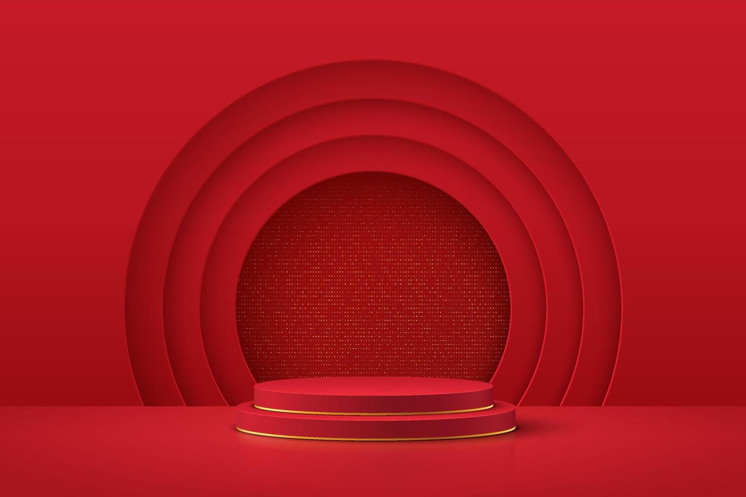 Rotes, realistisches 3D-Zylinderpodest mit Glitzer im Hintergrund mit Kreisschichten. Luxus-Rot-Minimalszene für Produktpräsentation, Werbeanzeige. Vektor abstrakter Studioraum mit geometrischer Plattform