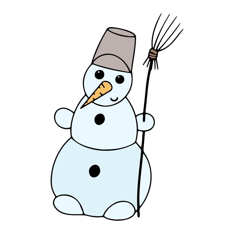 süßer Schneemann-Cartoon. Doodle-Stil, von Hand gezeichnet, flache Vektorgrafik, isoliert auf weißem Hintergrund. Design für Banner, Logo, Symbol, Aufkleber, Webblog vektor