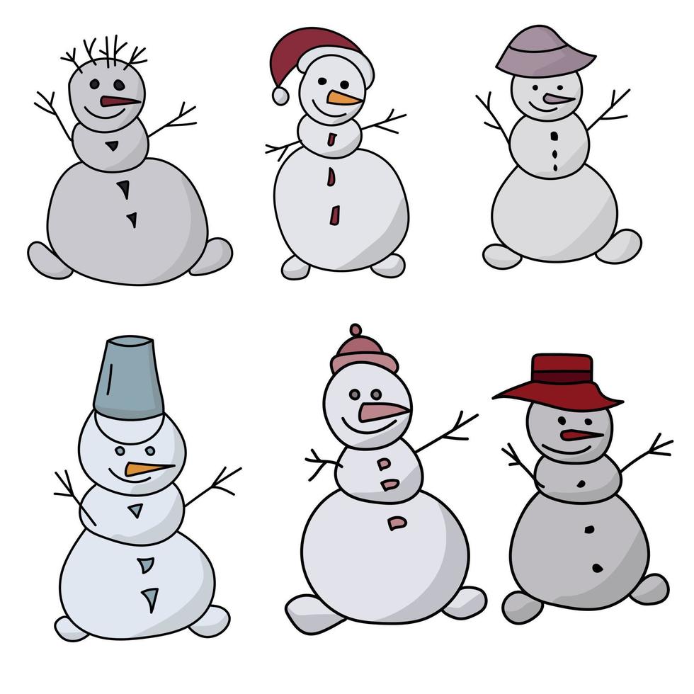 uppsättning söta snögubbar med olika hattar, positiva vinterkaraktärer med morotsnäsor vektor