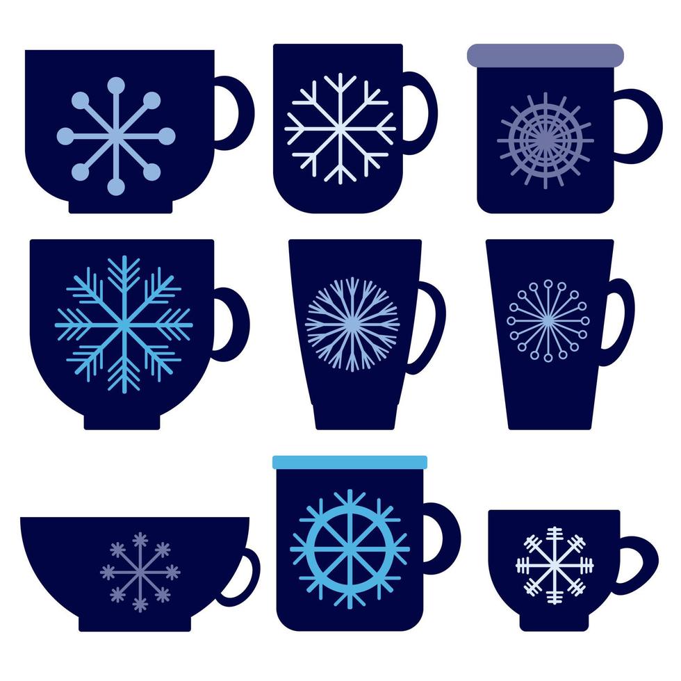Set aus dunkelblauen Tassen mit Winterdekor, einfache helle Schneeflocken auf Tassen mit einem Heißgetränk im flachen Stil vektor