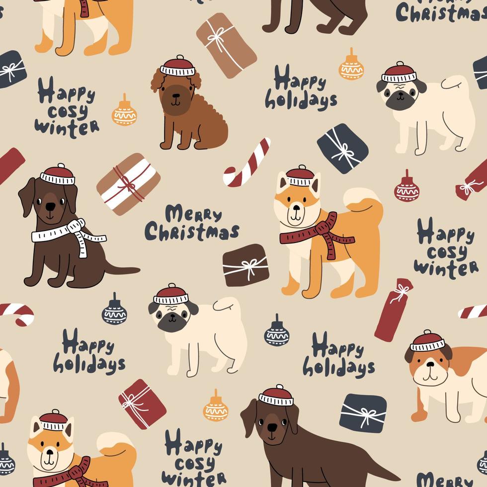 nahtloses Muster von Hunden im Winter gestrickte rote weiße Hüte und Schals, Schriftzüge, Geschenke. Labrador Retriever, Pudelwelpe, Buldogge, Akita Inu, Mops. Vektorillustration in der Weihnachtszeit vektor