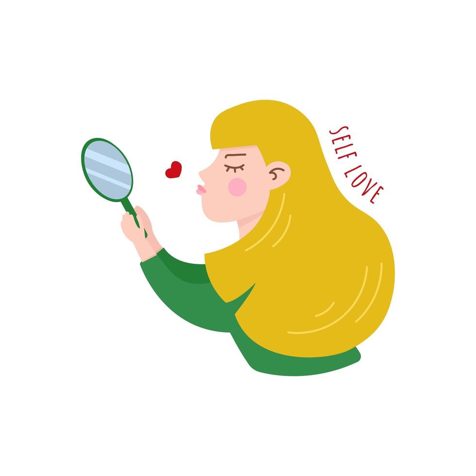 flickan tittar på sig själv i spegeln med kärlek. självacceptans och egenvård koncept vektorillustration. self love club illustration vektor