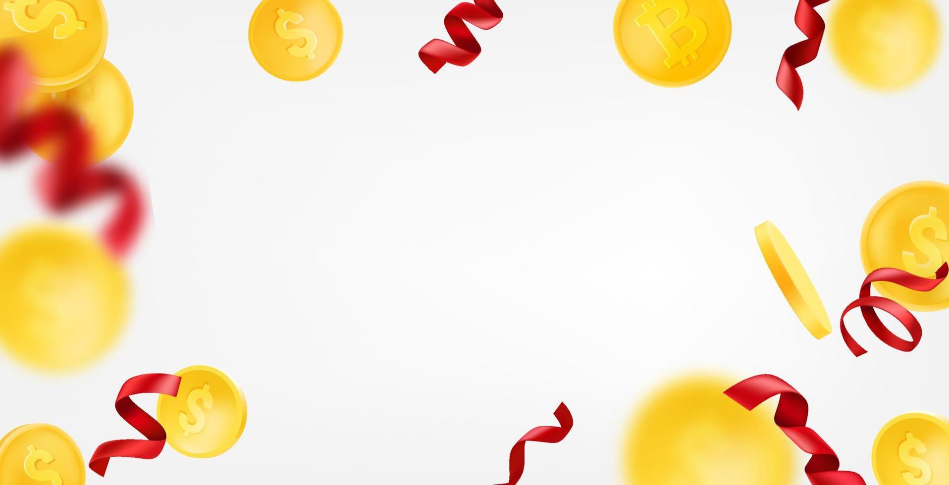 goldene Münzen und rote Bänder fallen herunter. horizontales Vektorbanner mit Textfreiraum vektor