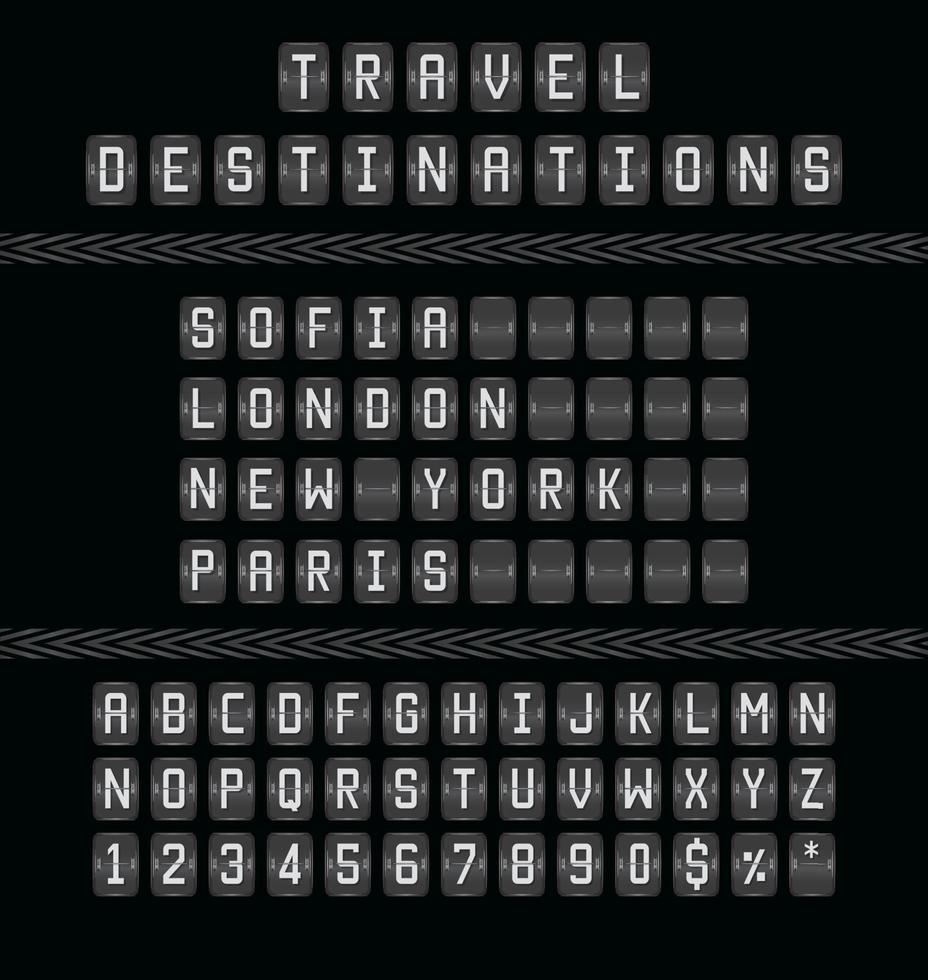 flygplats flip board panel med resmål, realistisk vektor resultattavla med mekaniska tecken meddelanden. automatisk analog tidtabell i flygplatsterminaler. alfabetet ingår med modernt typsnitt.