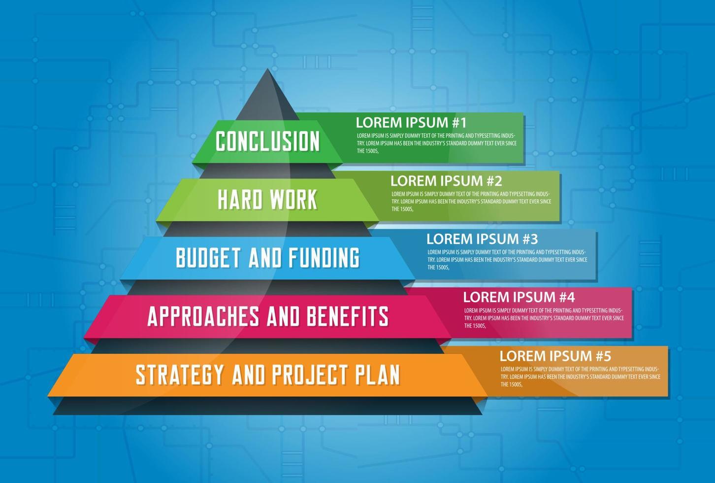 Marketingstrategie-Planungspyramide-Infografiken mit fünf Optionen und Schritten. geschichtete Diagrammdarstellung. Konzept der strategischen Planung, des Fortschritts und der Leistung. fünf Stufen und Optionen vektor