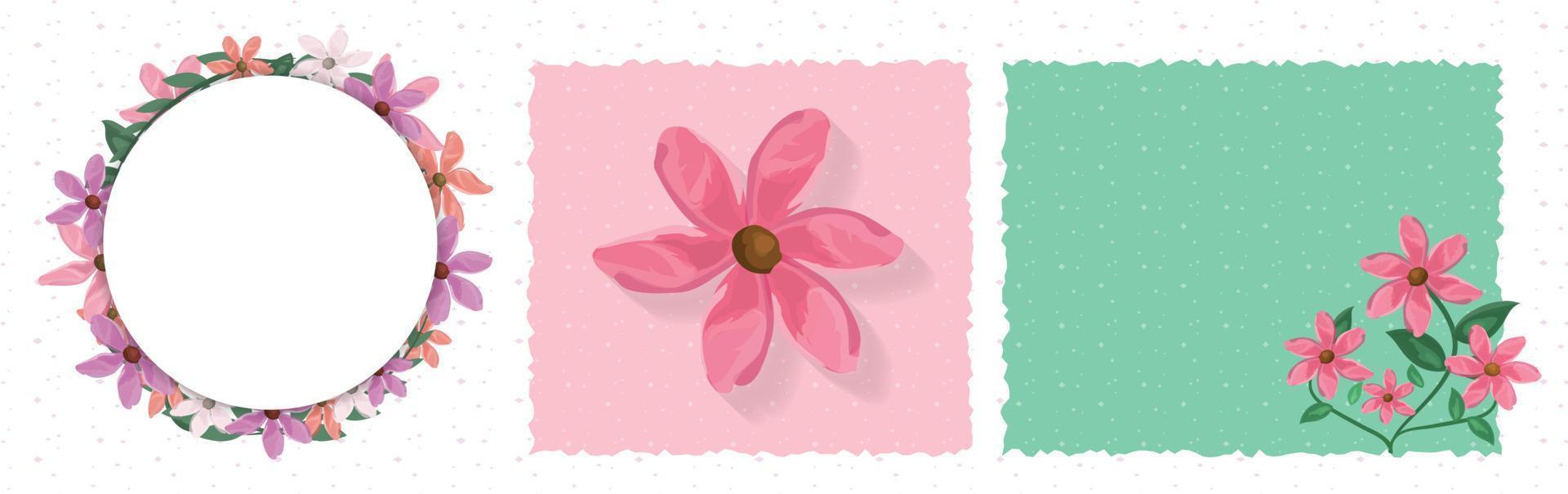 Vorlagenlayout für Grußkarten mit Vektoraquarelleffektblumen im Rahmen und Platz für Text für Wünsche und Grüße. Illustration mit Kopienraum und süßem, schönem Blumendekor vektor