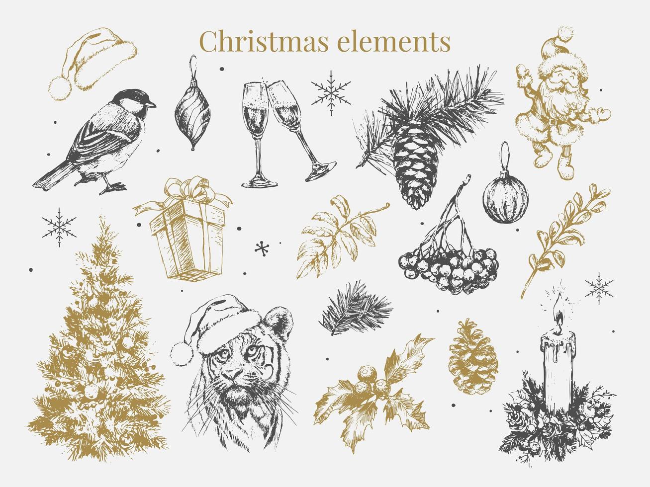 julset 2022 nyår och julsymboler, julgran, tiger, tomte, kotte, kanel, glasögon, ljus, leksaker, presenter, skiss illustrations.vector. vektor