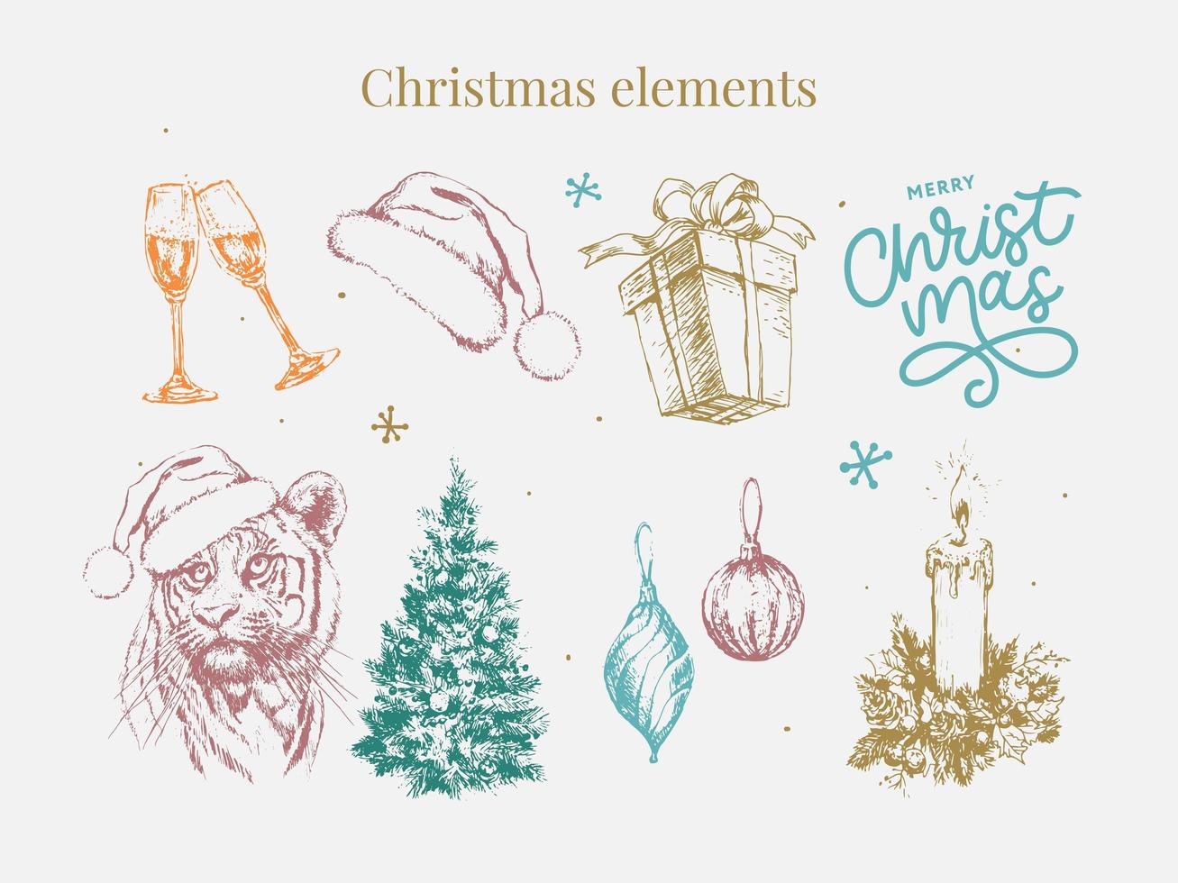 Weihnachtsset 2022 Neujahrs- und Weihnachtssymbole, Weihnachtsbaum, Tiger, Weihnachtsmann, Kegel, Zimt, Brille, Kerze, Spielzeug, Geschenke, Skizzenillustrationen. Vektor. vektor