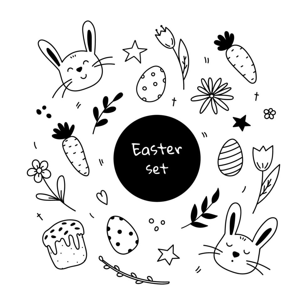 uppsättning av påsk designelement. söta ansikten av kaniner, festliga påskägg, påsktårta, vårkvistar, blommor och morötter. vektor handritad illustration i doodle stil. perfekt för kort, klistermärken