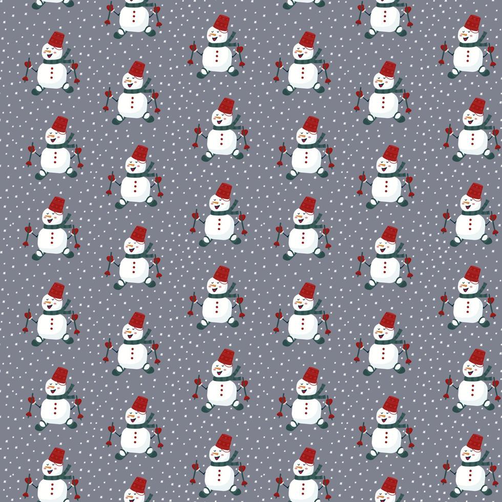 ein Muster mit einem Schneemann in einem Kreis von Schneeflocken. Hintergrund mit einem fröhlichen Wintercharakter aus Schnee auf Skiern. frohes neues Jahr und frohe Weihnachten. Vektor-Illustration vektor