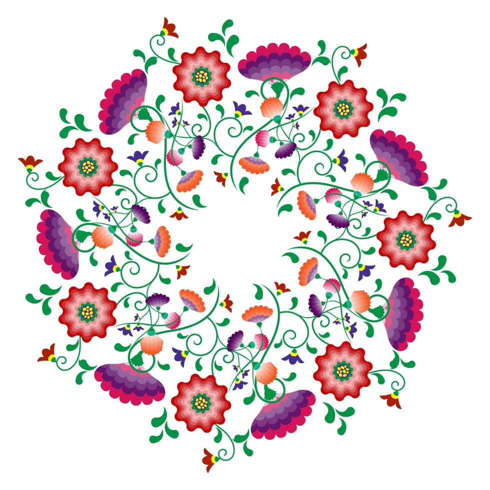 Stickerei Mandala Blumen Volksmuster mit polnischem und mexikanischem Einfluss. trendiges ethnisches dekoratives traditionelles florales rundes Rahmendesign, für Mode, Interieur, Schreibwaren. Vektor isoliert auf weiß