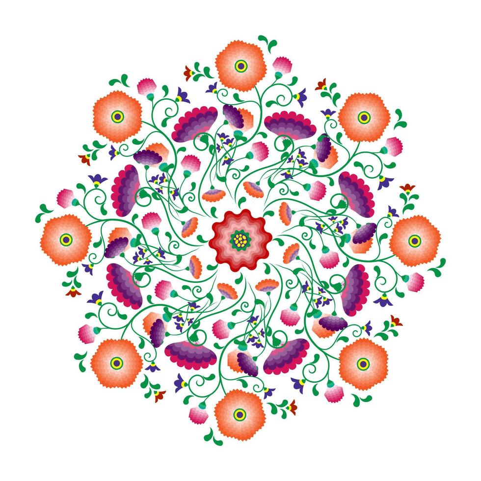 broderi mandala blommor folkmönster med polskt och mexikanskt inflytande. trendig etnisk dekorativ traditionell blommig rund ramdesign, för mode, interiör, pappersvaror. vektor isolerad på vitt