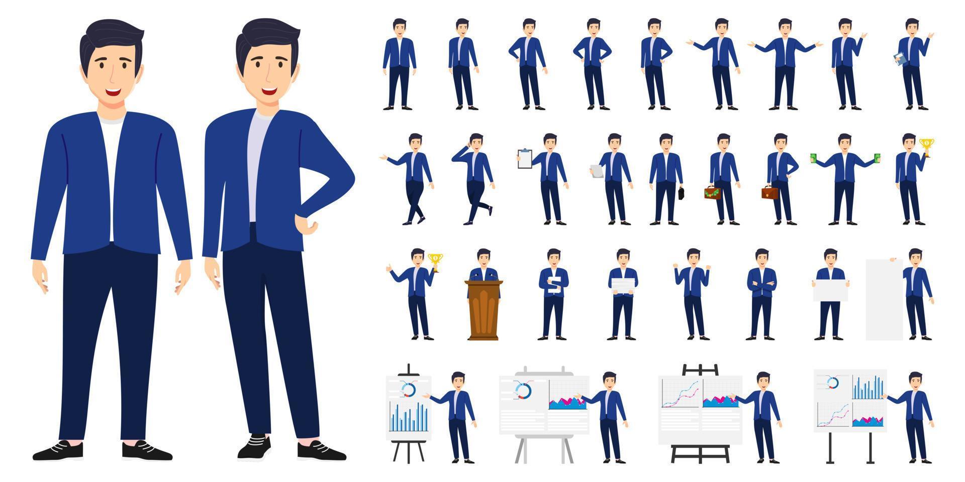 süßer moderner Geschäftsmann Zeichensatz trägt Business-Outfit und steht mit verschiedenen Posen und mit Podium Präsentationstafel mit Verkaufsdiagramm isoliert und posiert vektor