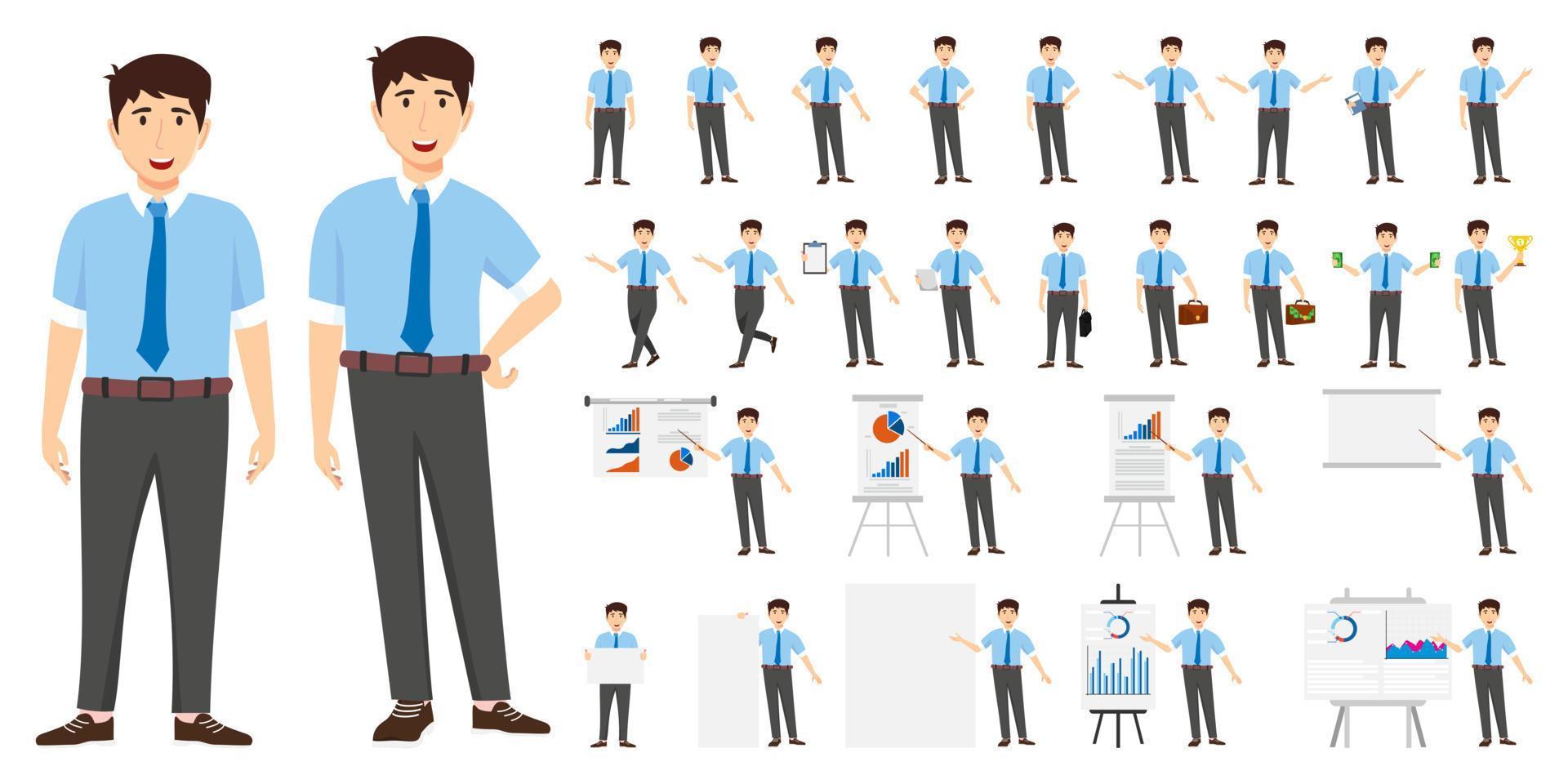 Geschäftsmann Zeichensatz trägt Business-Outfit und steht mit verschiedenen Posen und mit Podium Präsentationstafel mit Verkaufsdiagramm isoliert und posiert vektor