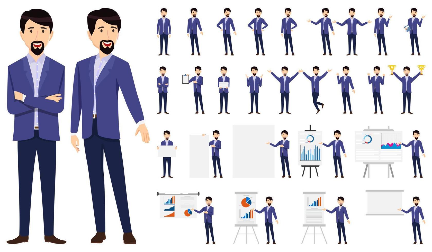 Geschäftsmann-Zeichensatz, der modernes Business-Outfit trägt und mit verschiedenen Posen und mit Präsentationstafel mit Verkaufsdiagramm isoliert und posiert steht vektor