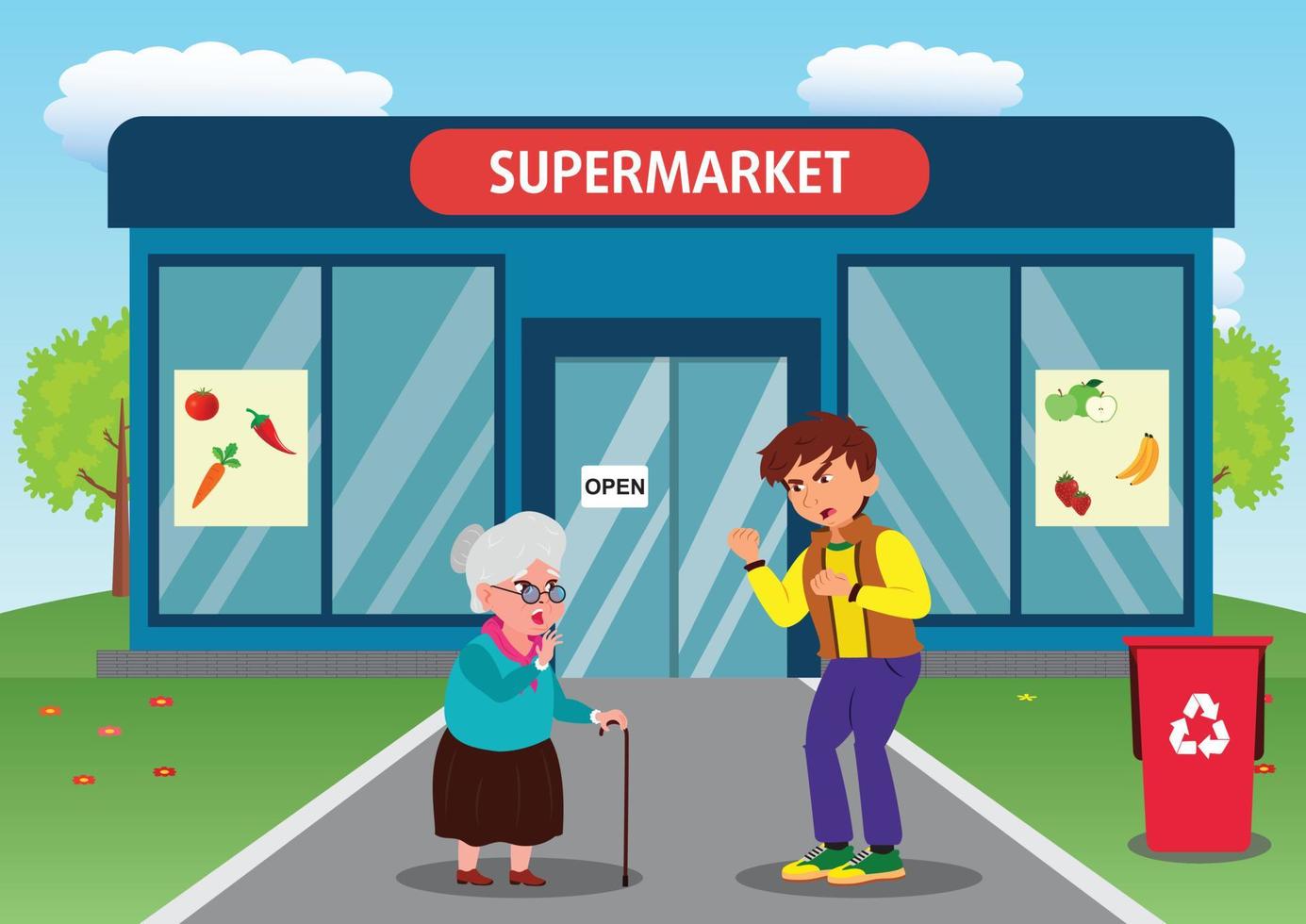 das unhöfliche Verhalten eines Jungen gegenüber einer alten Frau vor einem Supermarkt vektor