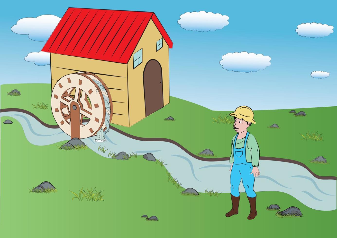 Vektorillustration der Windmühle und des Bauernmannes vektor