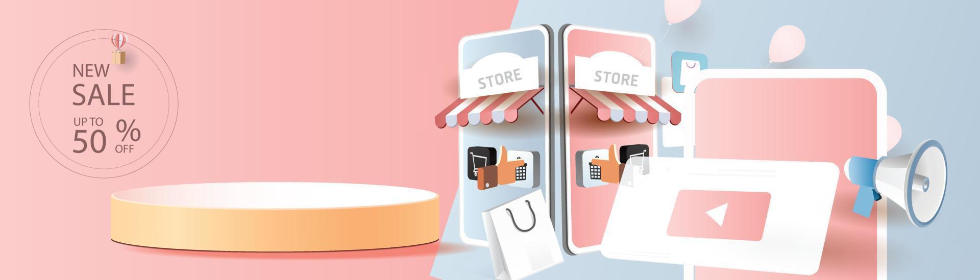 Online-Shopping am Telefon kaufen verkaufen Geschäft digitale Web-Banner-Anwendung Geldwerbung Zahlung E-Commerce-Vektor-Illustration-Suche vektor