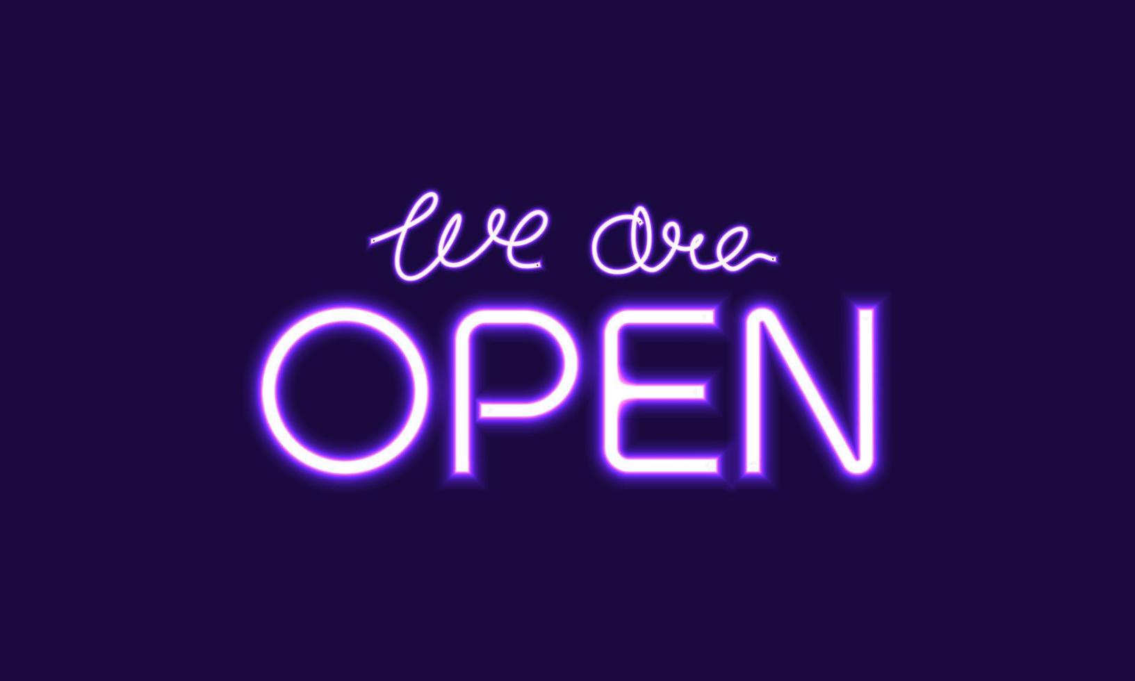 vi är öppen skylt eller öppen skylt med lila neonljus. neon textdesign. vektor illustration