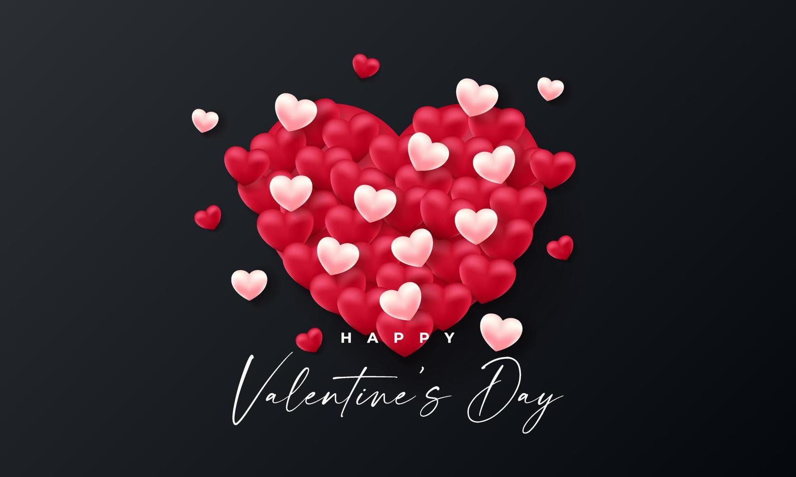 Valentinstag 3D Herzen. süßes Liebesbanner, romantische Grußkarte glücklicher Valentinstag wünscht Text, rotes Herzballonvektorkonzept vektor