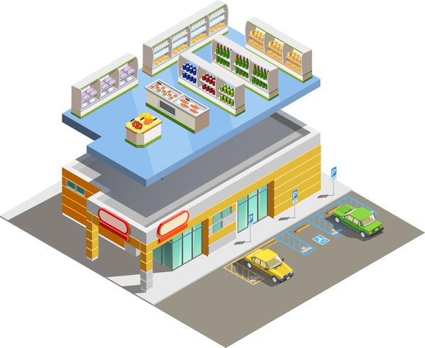 Supermarket Store Building Isometric Exterior View vektor