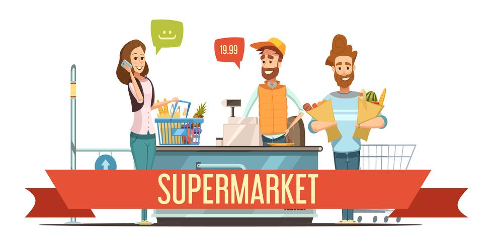 Kunden an der Supermarkt-Checkout-Karikatur-Illustration vektor