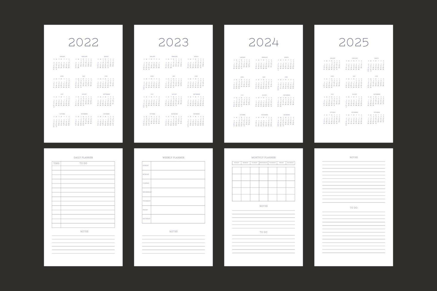 2022 2023 2024 2025 Kalender und tägliche wöchentliche monatliche persönliche Planer-Tagebuchvorlage. Monatskalender individueller Zeitplan minimalistisches Design für Business-Notizbuch vektor