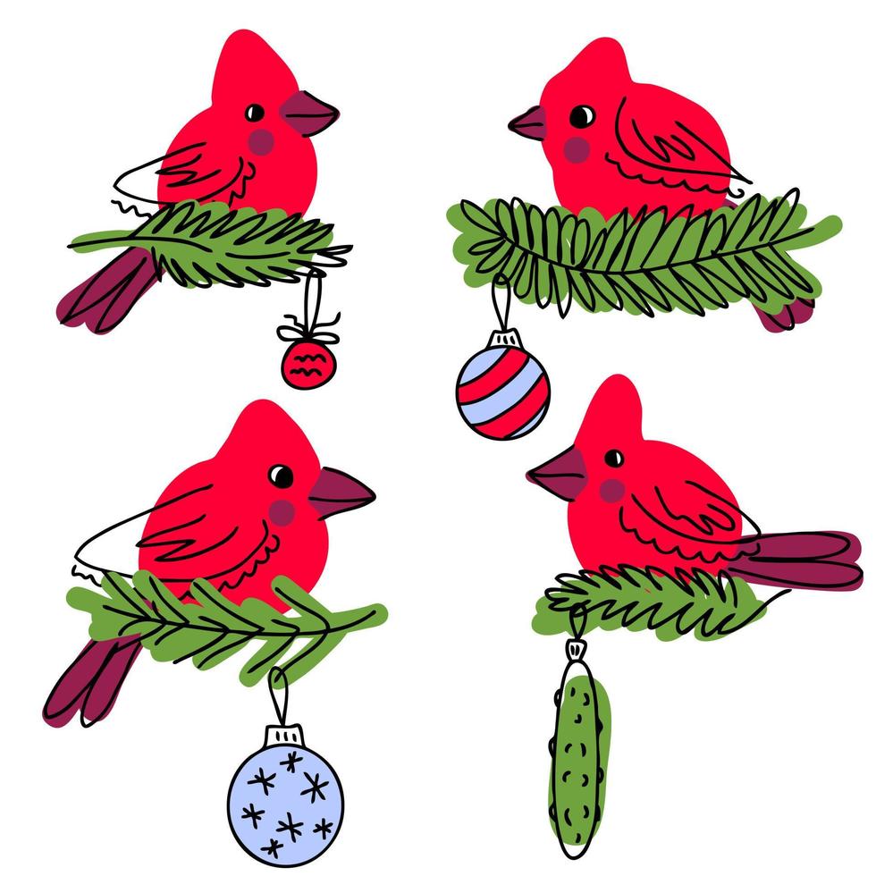 Nördliche Kardinalvögel auf Weihnachtsbaum-Zweig-Doodle-Sammlung. vektor