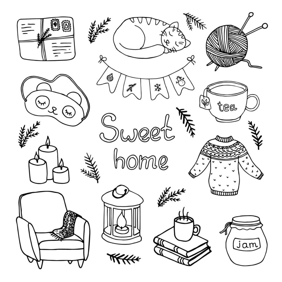 stor uppsättning hygge, söta hemikoner. varm och mysig handritad vektorillustration i doodle skandinavisk stil. vinterelement för gratulationskort, affisch, klistermärke och säsongsbetonad design isolerad på vitt. vektor