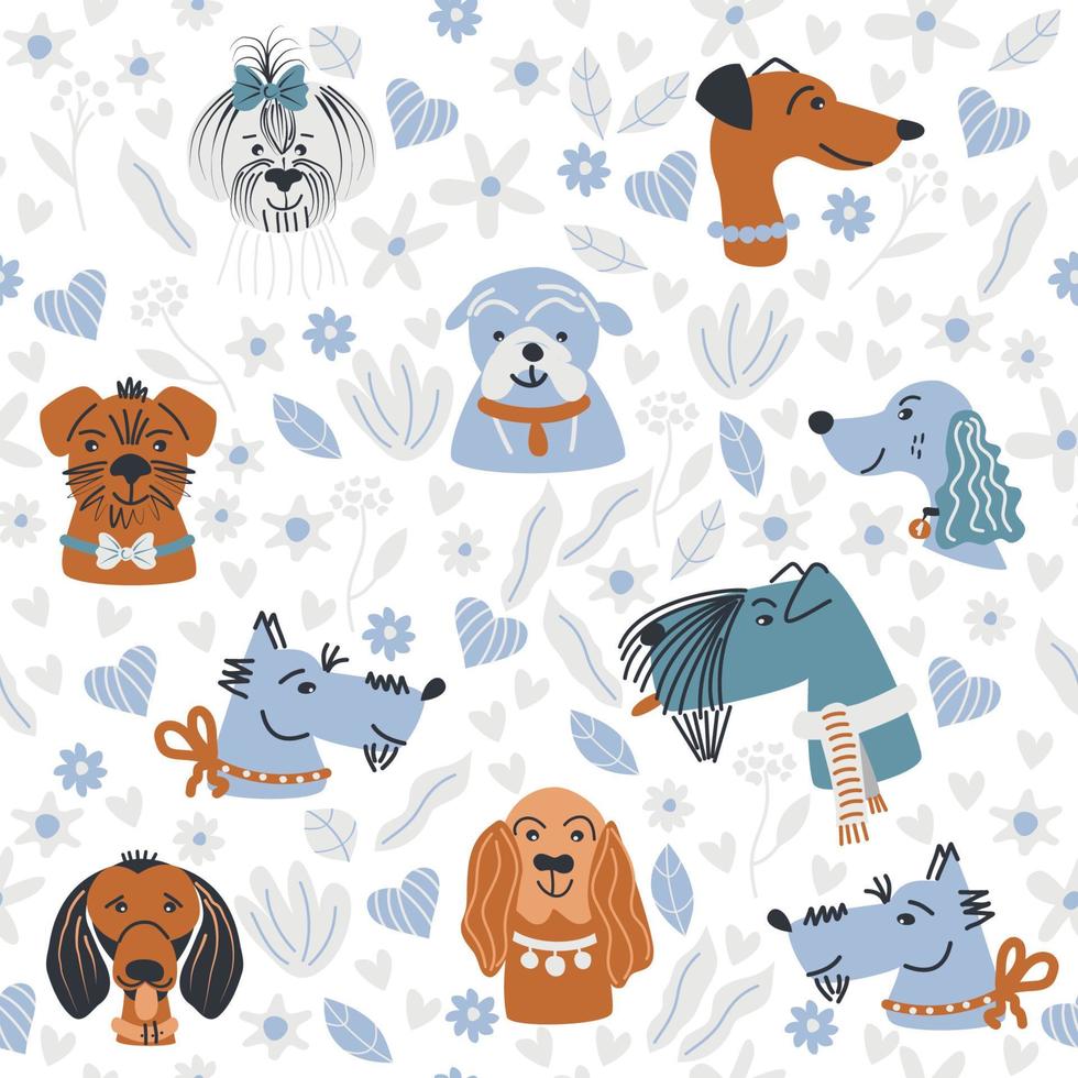 seamless mönster med söta hundar och växter element. för barn och husdjur. vektor illustration.
