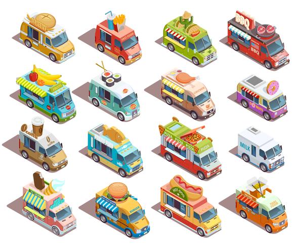 Isometric Icons Collection av Street Food Trucks vektor