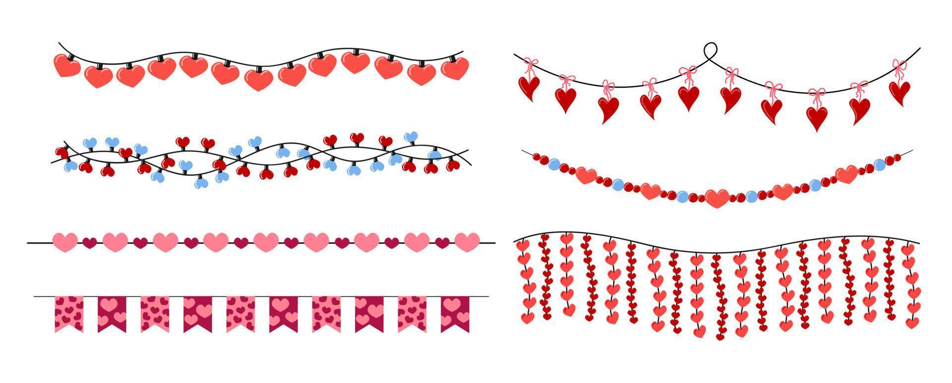 Valentinstag Girlanden eingestellt. hängende Herzen Dekorationen isoliert. Valentinstag Party Lichter und Flaggen. Vektor flache Girlanden Sammlung