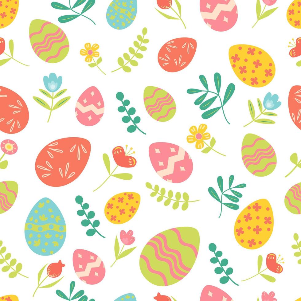 Ostern Frühlingsgarten nahtlose Muster mit verschiedenen Blumen und Eiern flachbild Vector Illustration