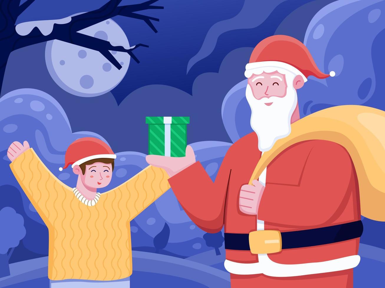 Jultomten ger en julklapp till barn och barnet är glad. god jul och gott nytt år tecknad platt illustration. kan användas för gratulationskort, vykort, webb, tryck, banner, etc vektor