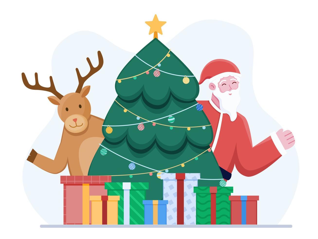 frohe weihnachten-illustration mit süßem weihnachtsmann, hirsch, weihnachtsbaum und weihnachtsgeschenken. kann für Grußkarten, Poster, Einladungen, Banner, Web, Print usw. verwendet werden. vektor