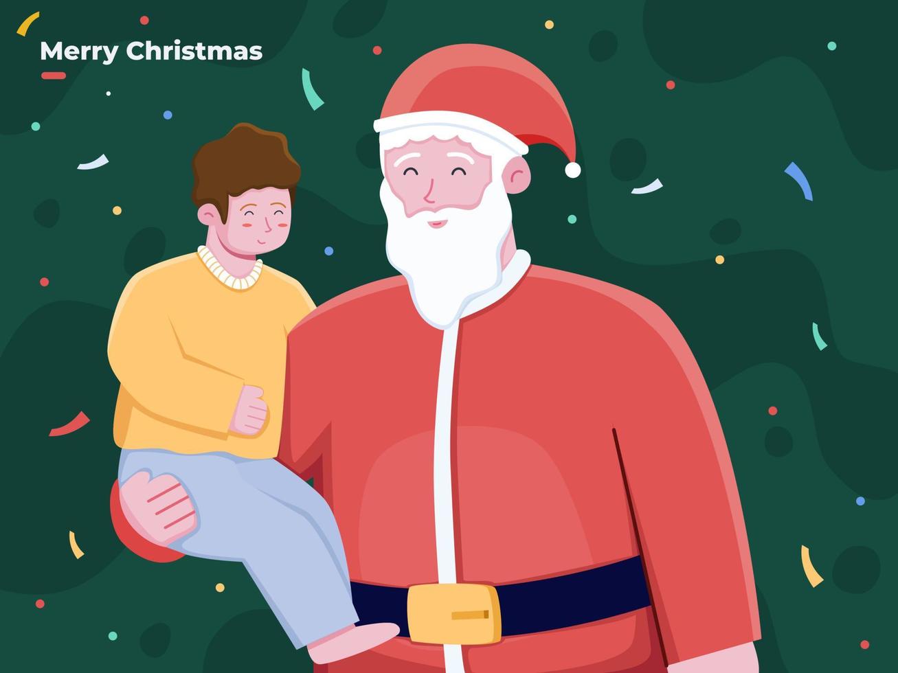 illustration av jultomten håller ett barn med ett glatt ansikte. juldagen santa tecknad maskot med barn. kan användas för gratulationskort, inbjudan, vykort, affisch, banderoll. vektor