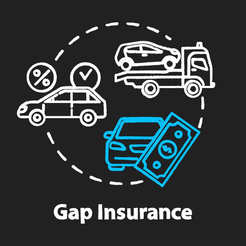 gap försäkring krita rgb färg koncept ikon. återbetalning för bilkostnadsskillnad. skada från olycka. ekonomiskt stöd idé. vektor isolerade svarta tavlan illustration på svart bakgrund