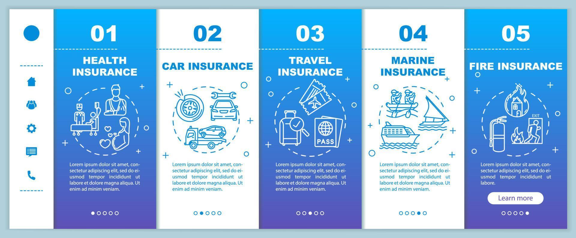 Onboarding-Vektorvorlage für Lebensversicherungen. Gesundheitsversicherung. Verletzung Abdeckung. nautisches Fahrzeug. Responsive mobile Website mit Symbolen. Schrittbildschirme für die Website-Walkthrough-Schritte. RGB-Farbkonzept vektor