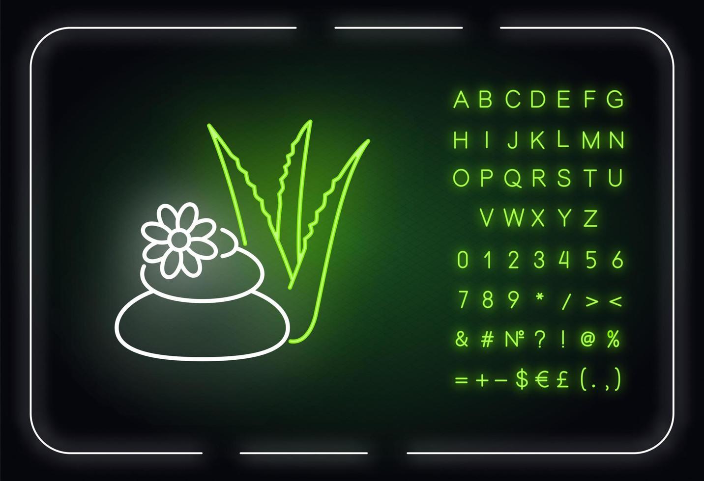 spabehandling neonljus ikon. kosmetologi och dermatologi. organisk växtbaserad terapi. yttre glödande effekt. tecken med alfabet, siffror och symboler. vektor isolerade rgb färg illustration