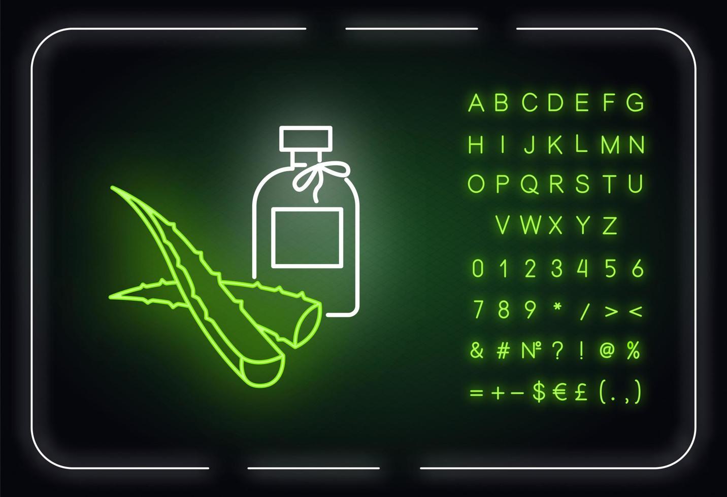 Symbol für Neonlicht mit natürlicher Lotion. Bio-Creme mit Aloe Vera. Kosmetik auf pflanzlicher Basis. Dermatologie. äußerer Leuchteffekt. Schild mit Alphabet, Zahlen und Symbolen. Vektor isolierte RGB-Farbillustration